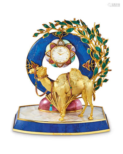 Jean & Pierre Bellin. A Fine and Unique Yellow Gold, Ruby, Emerald, Diamond, Yellow Sapphire, Lapis Lazuli and Mother-of-Pearl Set Camel Clock