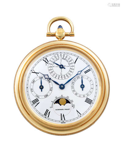 Audemars Piguet. A Rare Yellow Gold Perpetual Calendar Keyless Open Face Watch with Moon Phases