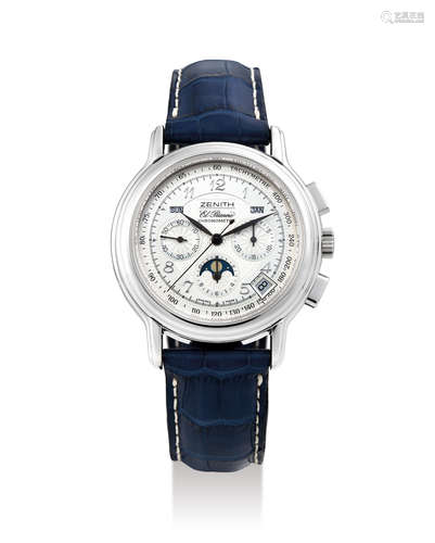 Zenith. A Platinum Triple Calendar Chronograph Wristwatch with Moon Phases