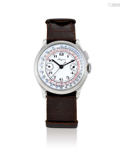 Longines. A Stainless Steel Single Button Chronograph Wristwatch with Enamel Dial