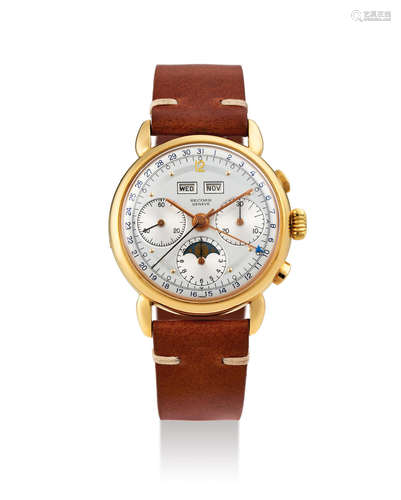 Record. A Yellow Gold Triple Calendar Chronograph Wristwatch with Moon Phases