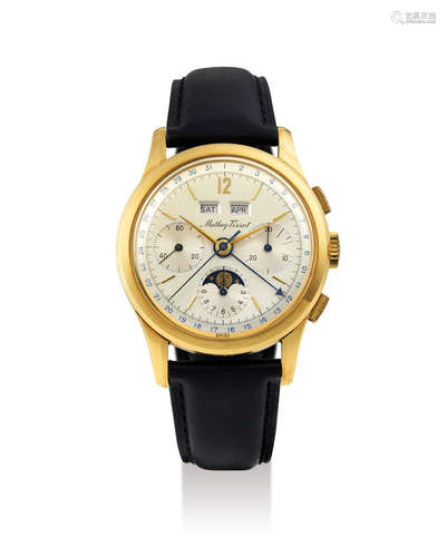 Mathey Tissot. A Yellow Gold Triple Calendar Chronograph Wristwatch with Moon Phases