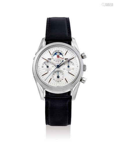 Universal. A Stainless Steel Triple Calendar Chronograph Wristwatch with Moon Phases