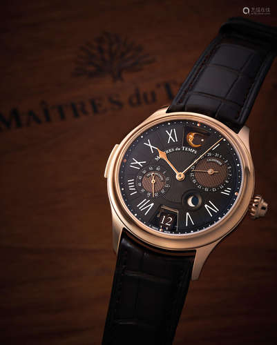 Maîtres du Temps. A Very Rare and Unique Pink Gold Wristwatch with Date, Dual Time Zone, Moon Phases, and Day Night Indications, with Signatures of Kari Voutilainen and Andreas Strehler