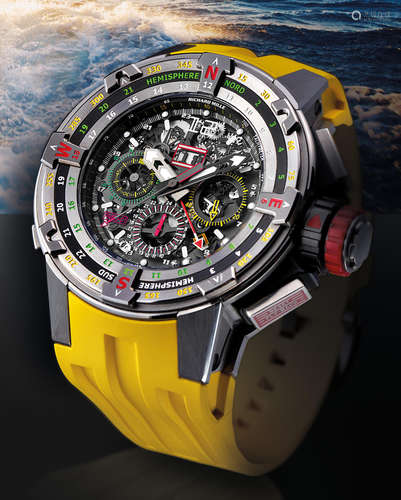 Richard Mille. A Fine and Rare Titanium Semi-Skeletonized Annual Calendar Regatta Flyback Chronograph Wristwatch with Date and Navigation