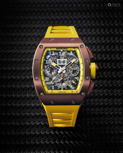 Richard Mille. A Very Rare Limited Edition Bronzed Titanium Semi-Skeletonized Annual Calendar Flyback Chronograph Wristwatch