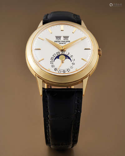 Patek Philippe. A Rare and Important Yellow Gold Perpetual Calendar Wristwatch with Moon Phases, with Certificate of Origin and Original Purchase Receipt Invoice