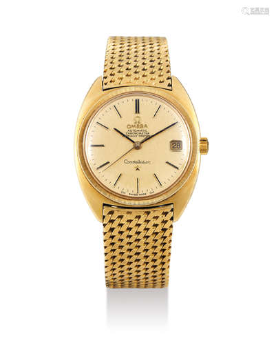 Omega. A Yellow Gold Centre Seconds Wristwatch with Date and Bracelet