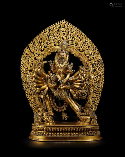 Tibet, 17th century An exceptionally rare large gilt copper-alloy group of Vajrabhairava and Vajravetali