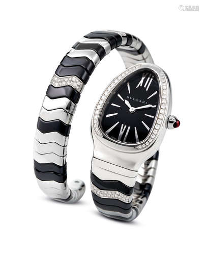 Bvlgari. A Stainless Steel, Black Ceramic and Diamond-Set Bracelet Watch