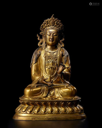 17th/18th century A rare gilt-bronze figure of Guanyin