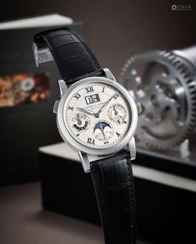 A. Lange & Söhne. A Fine Platinum Perpetual Calendar Wristwatch With Moon Phases, Oversized Date and Leap Year Indication