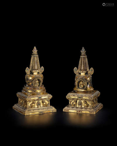 18th century Two gilt-bronze stupas