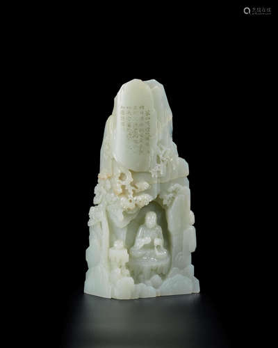 Qianlong six-character mark and of the period An exceptionally rare pale green jade imperially-inscribed 'luohan' boulder