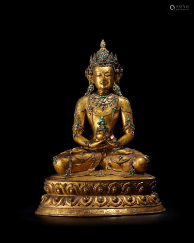 Attributed to Sonam Gyaltsen (active 15th century), Central Tibet, Circa 1430-1440 An important gilt copper-alloy figure of Amitayus