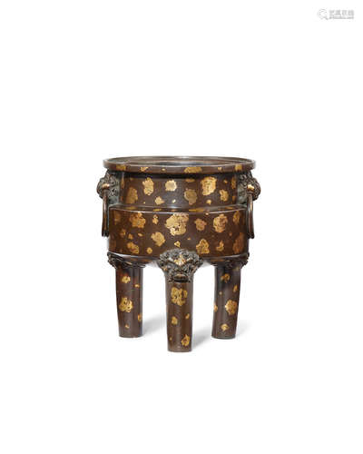 Xuande six-character mark, 18th century A gold-splashed bronze tripod incense burner, ding