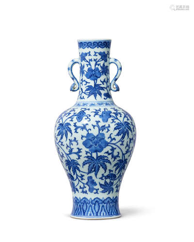 Qianlong seal mark and of the period An extremely rare imperial blue and white 'musk-mallow and lingzhi' vase