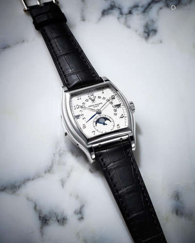 Patek Philippe. A Rare and Very Early Production Platinum Perpetual Calendar Minute Repeating Wristwatch with Moon Phases and Retrograde Date, complete with original Certificate and Presentation Box