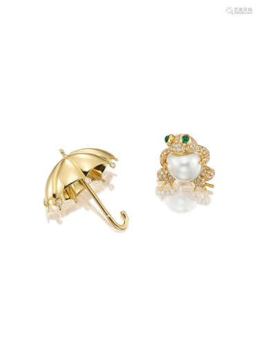 (2) A Diamond Novelty Brooch, by Tiffany & Co., and A Diamond, Emerald and Cultured Pearl Novelty Brooch, by Adler