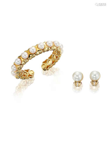 (2) A Cultured Pearl Bangle, and A Pair of Cultured Pearl, Diamond and Ruby Earrings, by Adler