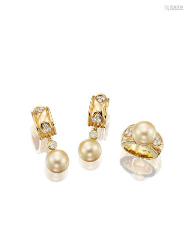 (2) A Cultured Pearl and Diamond Ring and Earring Suite, by Adler