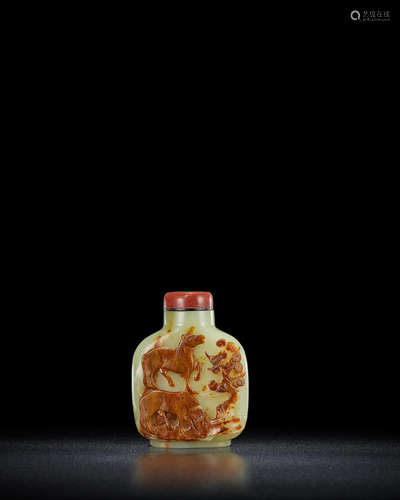 Master of the Rocks School, 18th/19th century A rare yellow and russet jade 'horses' snuff bottle