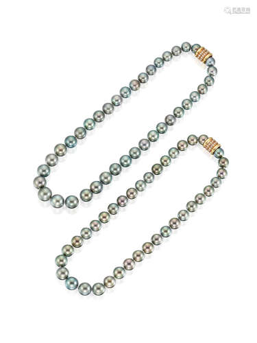 (2) Two Strands of Cultured Pearl and Diamond Necklaces