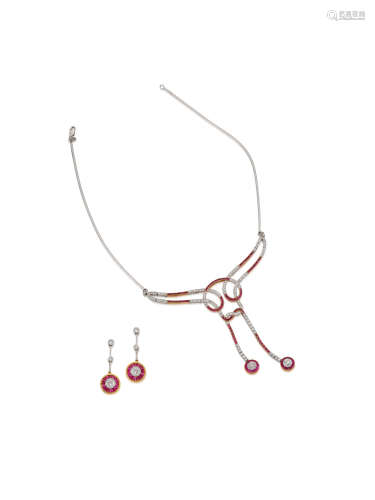 (2) A Ruby and Diamond Necklace and Earring Suite
