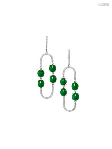 A Pair of Jadeite and Diamond Pendent Earrings
