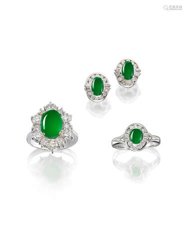 (3) A Jadeite and Diamond Ring, and A Jadeite and Diamond Ring and Earring Suite