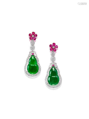 A Pair of Jadeite, Ruby and Diamond 'Hulu' Earrings