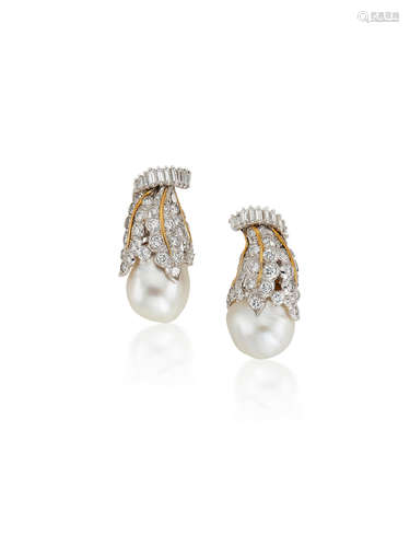 A Pair of Cultured Pearl and Diamond Earclips, by David Webb