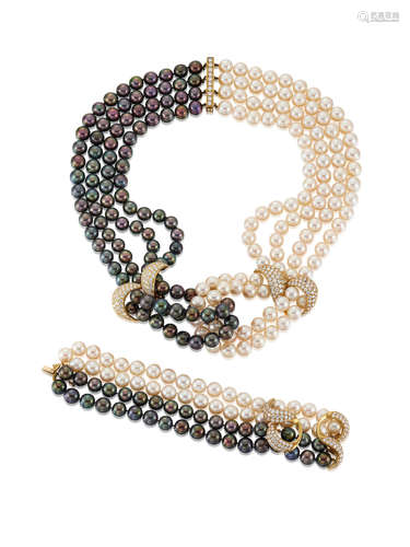 (2) A Four-Strand Cultured Pearl and Diamond Necklace and Bracelet Suite