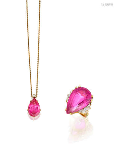 (2) A Rubellite Tourmaline and Diamond Ring and A Matching Pendant Necklace