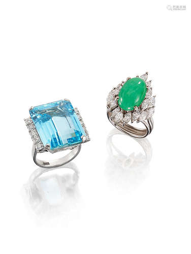 (2) An Aquamarine and Diamond Ring and A Jadeite and Diamond Ring