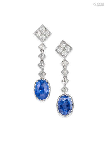 A Pair of Sapphire and Diamond Pendent Earrings