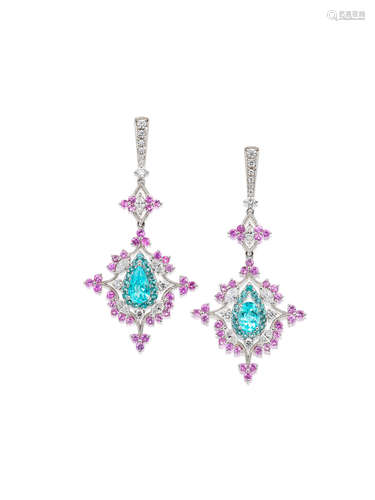 A Pair of Tourmaline, Sapphire and Diamond Pendent Earrings, by Claudia Ma