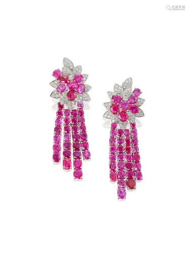 A Pair of Ruby and Diamond Pendent Earrings