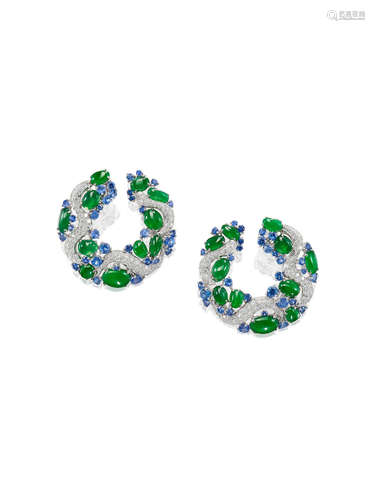 A Pair of Jadeite, Sapphire and Diamond Earrings, by Claudia Ma