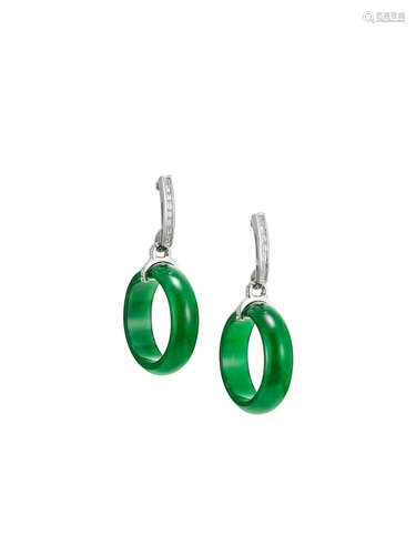 A Pair of Jadeite and Diamond Pendent Earrings