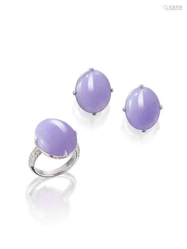 (2) A Lavender Jadeite and Diamond Ring and Earring Suite