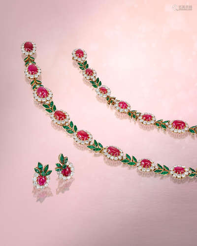 (2) A Ruby, Emerald and Diamond 'Floral' Necklace and Earring Suite, by Van Cleef and Arpels, Circa 1967