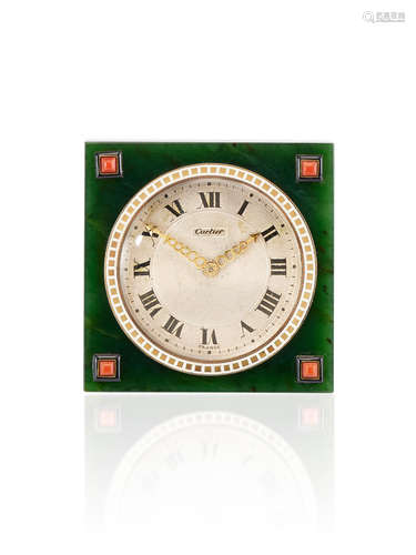 A Very Fine Art Deco Nephrite, Gem-Set and Enamel Desk Clock, by Cartier, Circa 1920