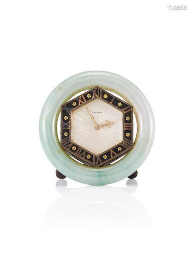 A Fine Art Deco Jadeite and Enamel Desk Clock, by Cartier, Circa 1925