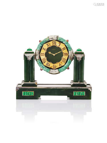 An Unusual Art Deco Jade, Gem-Set and Enamel Desk Clock, by Cartier, Circa 1925