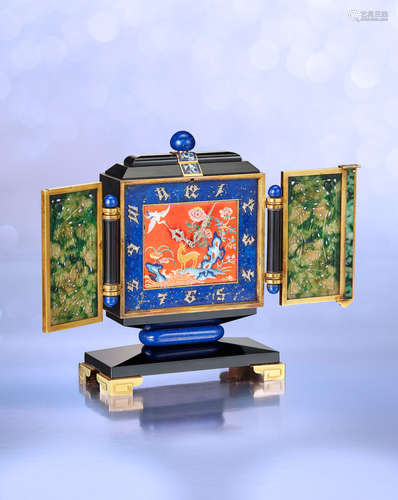 A Distinct and Exceptional Art Deco Jade, Lapis Lazuli, Diamond and Enamel 'Chinoiserie' Desk Clock, by Tiffany & Co., Circa 1929