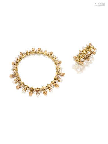 (2) A Cultured Pearl and Diamond Choker and Bracelet Suite, by Adler