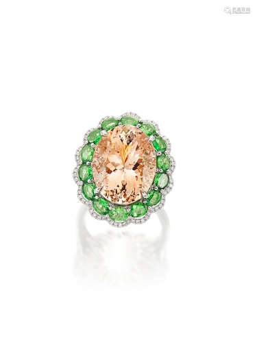 A Morganite, Tsavorite Garnet and Diamond Ring