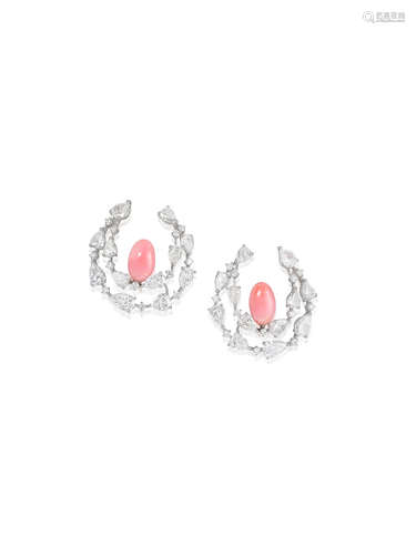 A Pair of Conch Pearl and Diamond Earrings