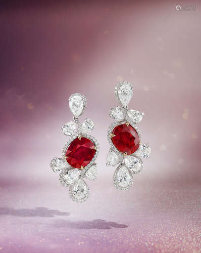 An Exquisite Pair of Ruby and Diamond Pendent Earrings